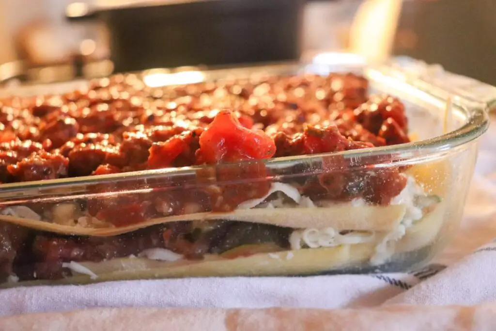 closeup of unbaked lasagna