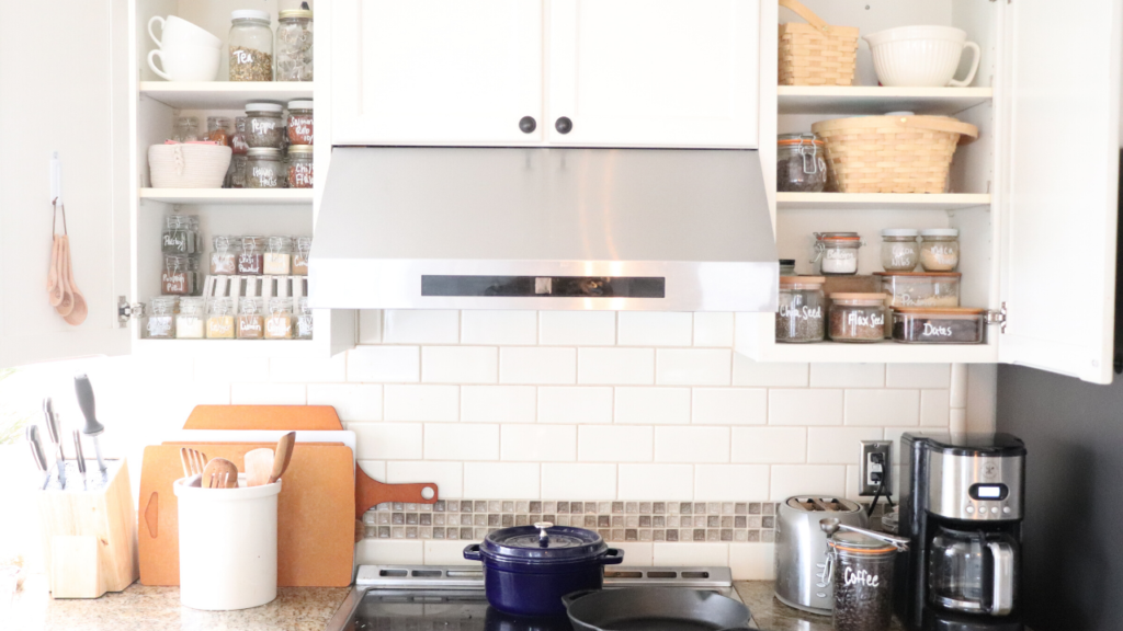 Simple Farmhouse Spice Cabinet Organization - The Duvall Homestead Kitchen