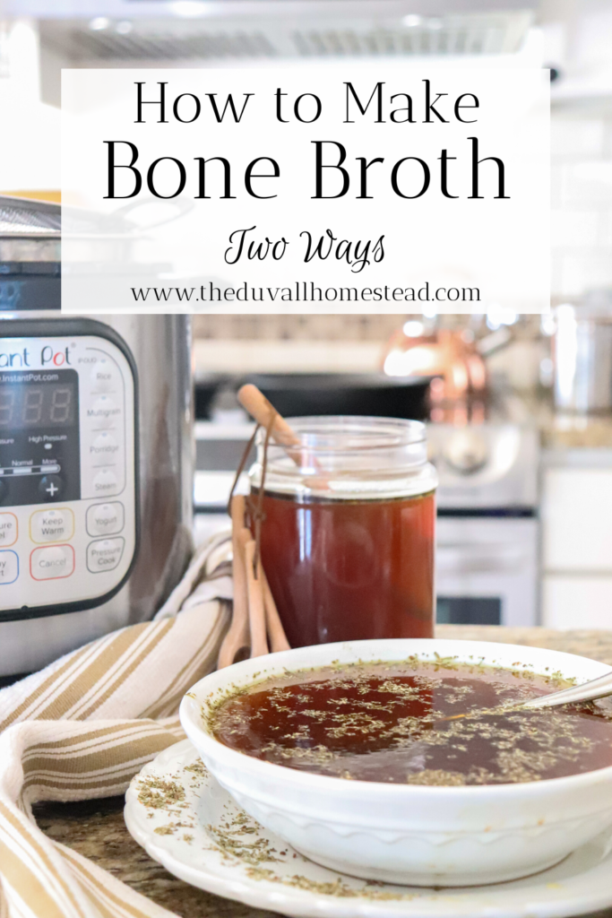 Learn how to make homemade bone broth two ways! For the best juicy and savory stovetop and instant pot drinkable bone broth recipe, go to www.theduvallhomestead.com/bone-broth 

Thanks for stopping by the homestead!

#bonebroth #homemadebonebroth #howtomakebonebroth #bonebrothintheinstantpot #bonebrothonthestove #chickenstock #howtomakechickenstock #homemadechickenstock #instantpotbonebroth #drinkablebonebroth  #bonebrothrecipe #drinkablebonebroth