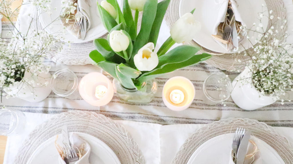 spring tablescape farmhouse simple cheap easy beautiful homestead Easter table setting Tulips