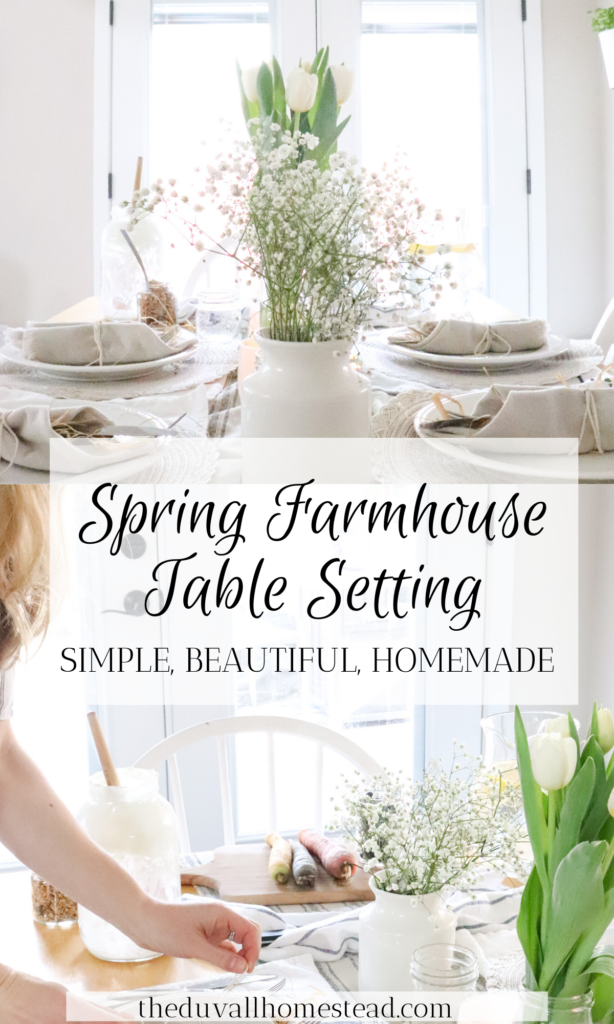 It only takes a few simple spring touches to make a tablescape for brunch. These 5 simple tips will make your farmhouse table beautiful and ready for spring! 

#farmhouse #spring #table #tablesetting #tablescape #Easter #tableideas #inspiration #ideas #minimalist #homestead #home #decor #kitchen #flowers #tulips 