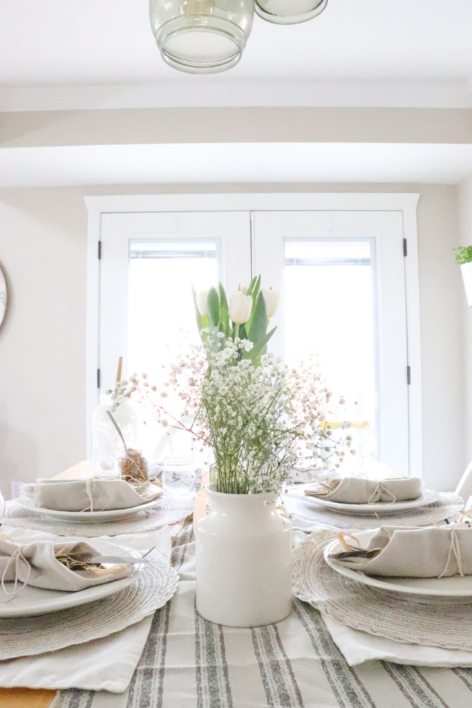 Spring tablescape ideas inspiration farmhouse simple table setting spring brunch ideas neutral colors shades of white Spring brunch table