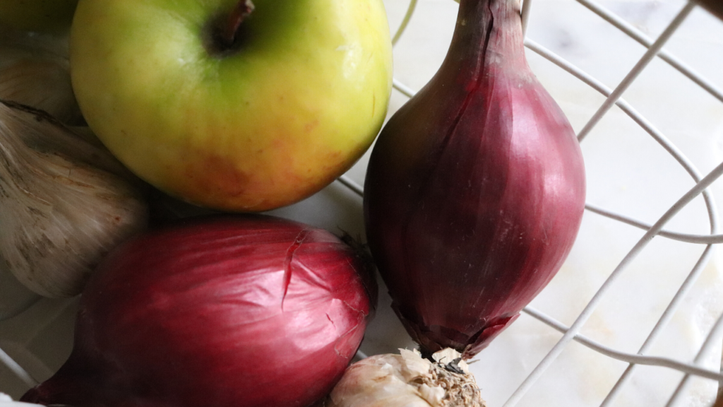 farm fresh veggies farm to table apple onion farmhouse decor kitchen organization