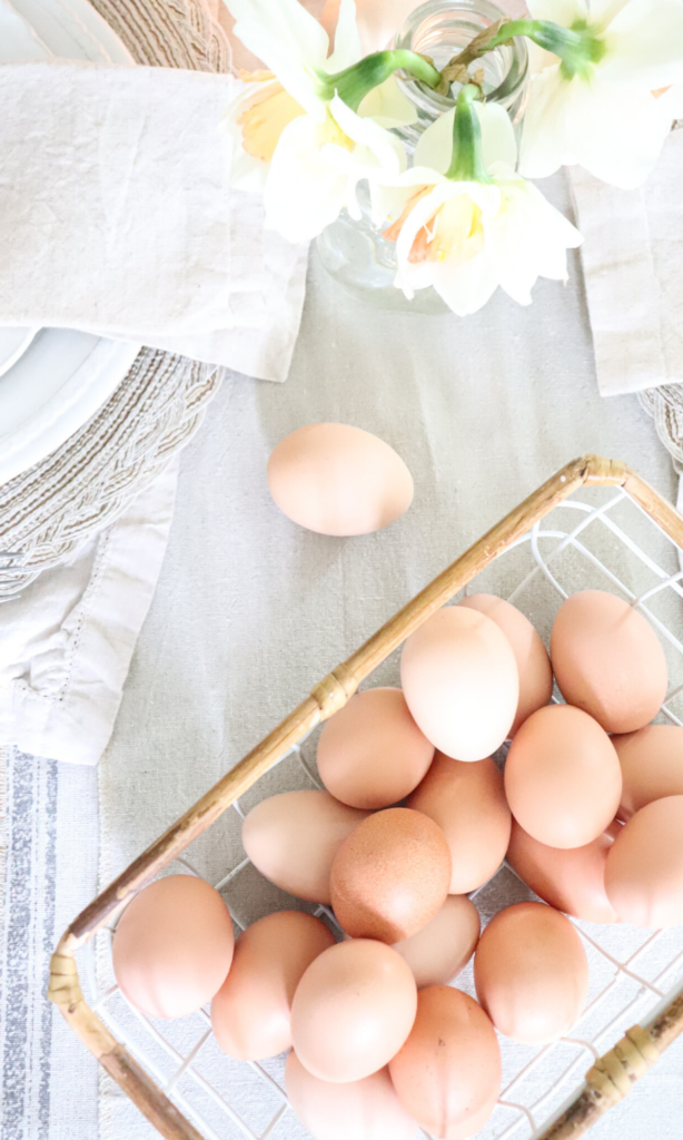 Farm fresh eggs on our Easter farmhouse table setting