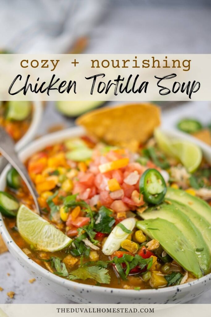 Warm up with this healthy chicken tortilla soup made with rich bone broth, tender shredded chicken, fresh veggies, and all your favorite taco-inspired toppings. It’s the perfect mix of cozy comfort food and light, nourishing dinner — full of protein, flavor, and southwest spices. This easy soup recipe is great for meal prep, healthy weeknight dinners, fall soup nights, or a lighter twist on taco Tuesday. Top with avocado, tortilla chips, lime, and cilantro for the best healthy family-friendly soup.