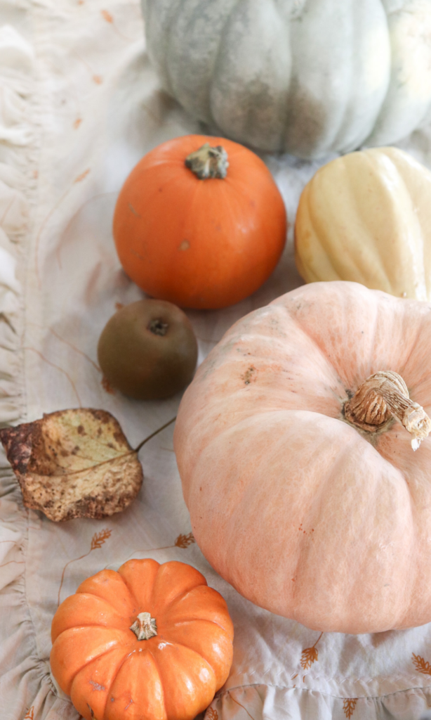 pumpkins and leaves on the dining table