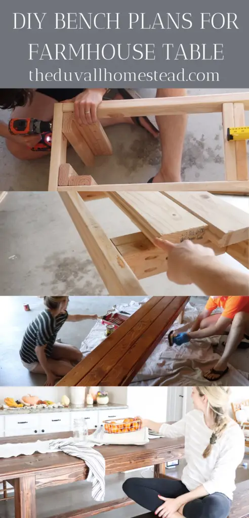 How to build a bench for your farmhouse kitchen dining table. This sturdy and cute bench is the perfect compliment to your farmhouse table. Learn to make your own bench with these easy DIY plans. 

#DIY #bench #howtomakeabench #howtobuildabench #farmhousebench #diningroomtable #diningtablebench #benchplans #plans #freeplans #diningtablebench #farmhousetablebench #farmhouse #table #wood #easy