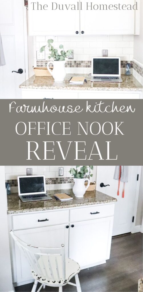 I am excited to finally share our farmhouse kitchen office nook reveal. I've been using this space as a desk for a long time and have finally organized it so it functions much better. Keep reading for kitchen office organization tips and tricks!

#farmhouse #kitchen #office #organization #nook #desk #homeoffice #organizationhacks #clean #recylce #organize