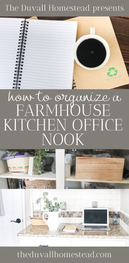 I am excited to finally share our farmhouse kitchen office nook reveal. I've been using this space as a desk for a long time and have finally organized it so it functions much better. Keep reading for kitchen office organization tips and tricks!

#farmhouse #kitchen #office #organization #nook #desk #homeoffice #organizationhacks #clean #recylce #organize