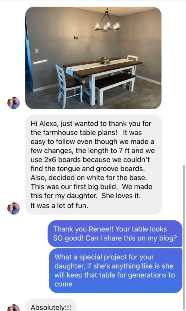 an example of someone who made this DIY 8 foot farmhouse dining table with wood bench