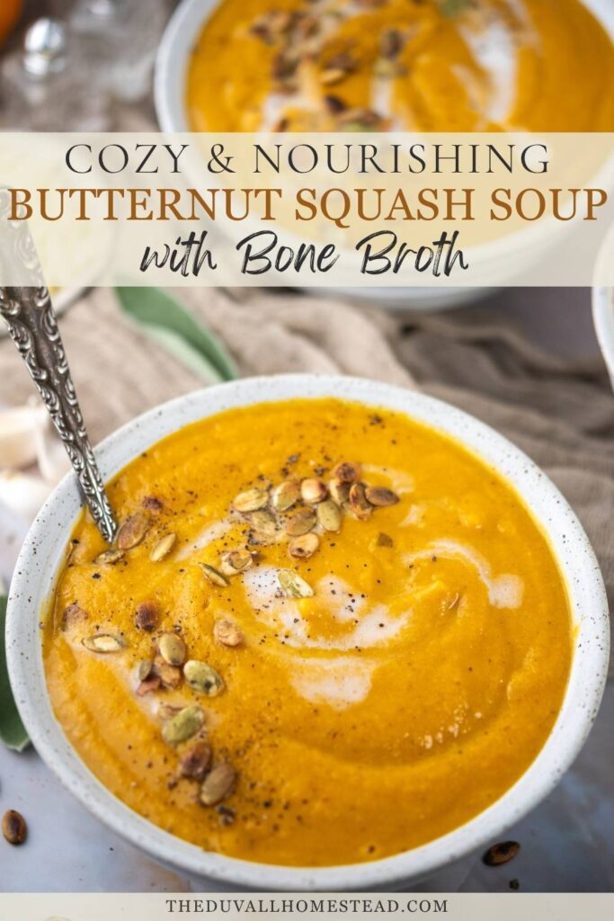 This roasted butternut squash soup is creamy, comforting, and made with nourishing bone broth for a rich, cozy flavor. It’s the perfect fall soup for chilly nights, Thanksgiving gatherings, or a simple, healthy weeknight dinner. Warm, smooth, and full of autumn flavor, this butternut squash soup is a wholesome recipe the whole family loves. Great for meal prep, freezer-friendly, and ideal for anyone craving a seasonal comfort food made from scratch.