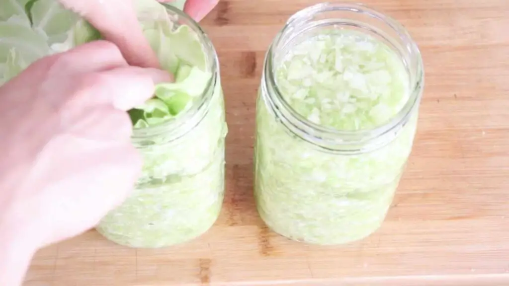 adding leaves to the sauerkraut jar