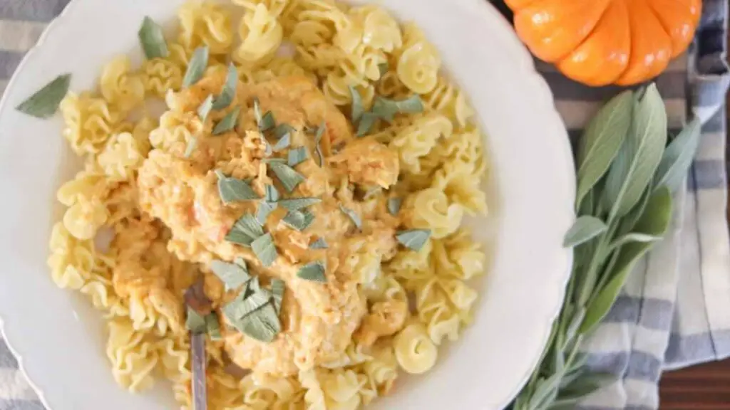 White bowl with pasta and creamy pumpkin carrot pasta sauce, garnished with sage