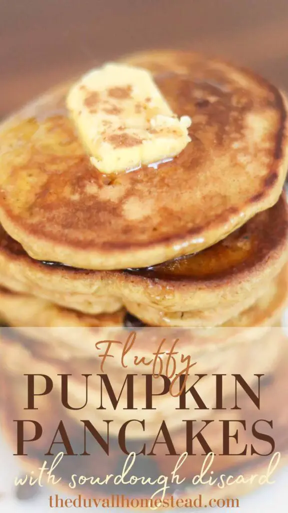 These fluffy pumpkin pancakes are a cozy fall breakfast made with pumpkin, einkorn flour, sourdough discard, and spiced with cinnamon and nutmeg. Enjoy them with a hot cup of coffee and fried eggs on the side for a hearty and cozy breakfast.