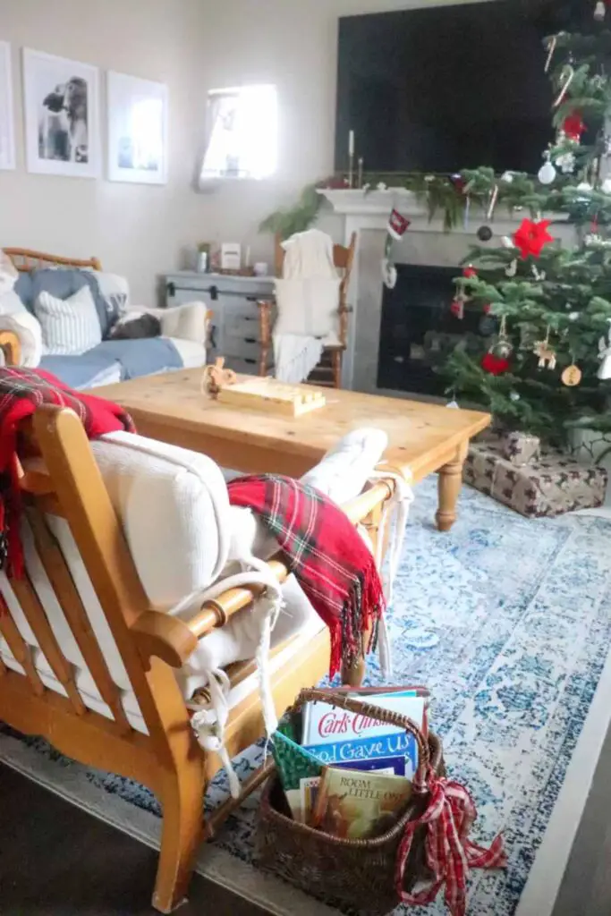 farmhouse living room decorated for Christmas