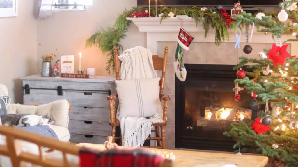 cozy rustic farmhouse living room decorated for Christmas