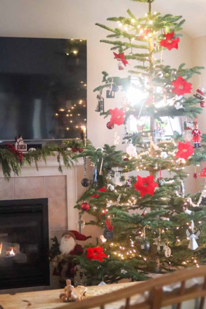 Christmas tree in living room decorated with poinsettias