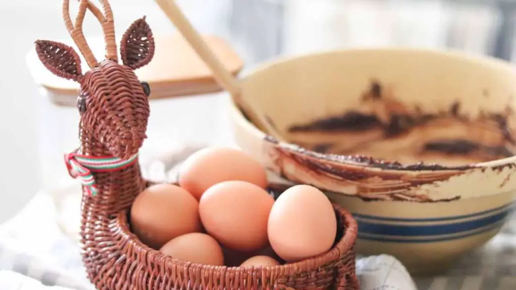 reindeer wicker bowl filled with eggs next to a ceramic bowl with scrapings of einkorn chocolate chip brownie batter