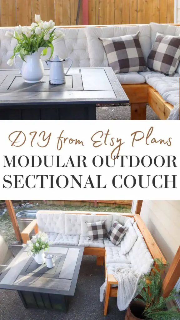 This DIY outdoor sectional couch is the perfect addition to our new covered patio to get it ready for spring and summer. We wanted a place to sit outside and eat lunch or even watch a movie. Making your own furniture is not only rewarding, but it looks beautiful too. Learn how to make your own outdoor couch sectional that’s modular and can fit in just about any backyard space.