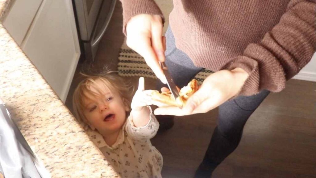 Toddler asking for a piece of homemade einkorn waffle