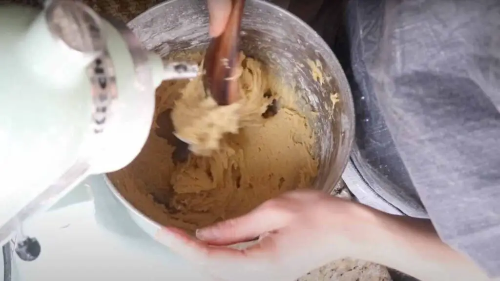 mixing dough for sourdough einkorn chocolate chip cookies