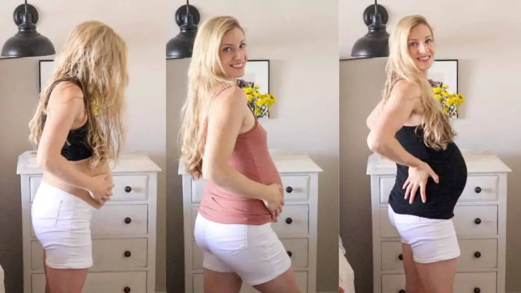 girl modeling white maternity shorts and tank tops
