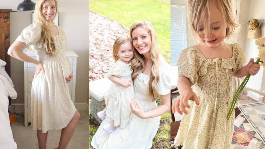 pregnant woman wearing formal dress and toddler girl matching dress