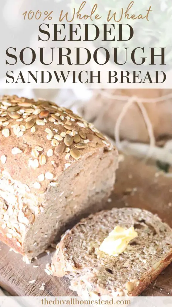 This 100% whole wheat seeded sourdough sandwich bread is soft and chewy, with crunchy notes of pumpkin, sunflower, oats, and chia seeds. Make this homemade sandwich bread with your sourdough starter and slice it up for a delicious breakfast or lunch.