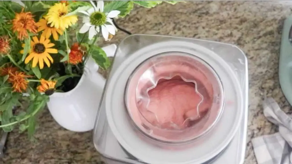 Homemade raspberry ice cream in an ice cream maker next to a bouquet of flowers