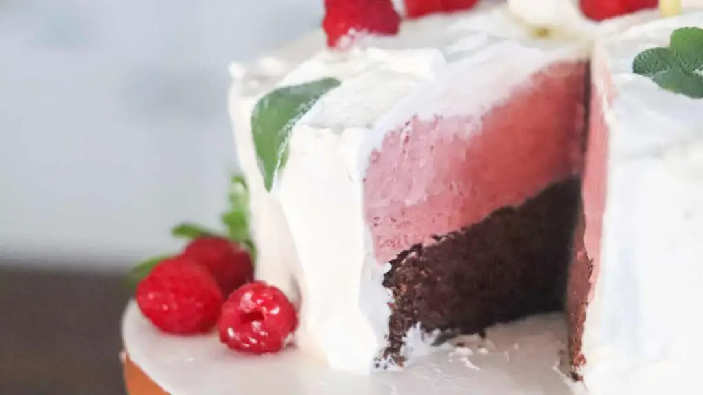 Homemade ice cream cake with raspberries and whipped cream frosting