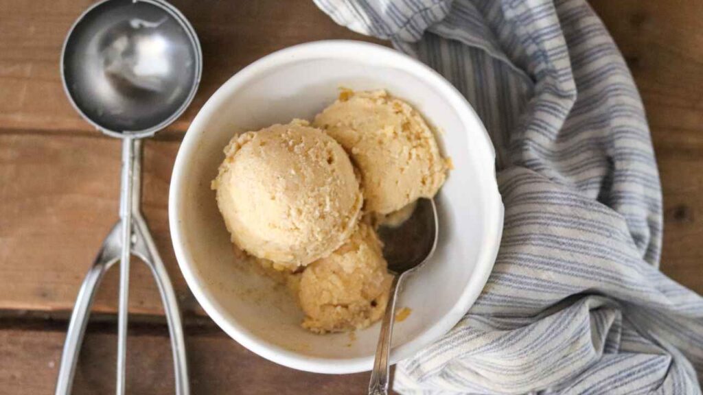 a bowl of pumpkin ice cream with an ice cream scoop