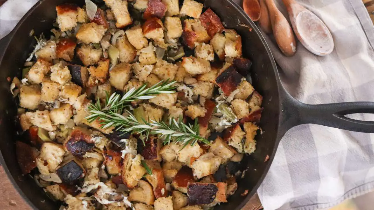 Buttery Herb Sourdough Stuffing Recipe in Cast Iron Skillet - The