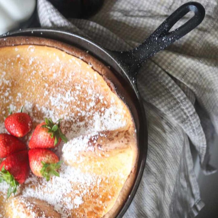 Looking down on a dutch baby in a cast iron skillet