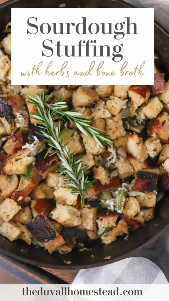 This sourdough skillet stuffing is an easy scratch-made Thanksgiving dish! Perfect for using up sourdough bread and bone broth, it is a nutritious side.