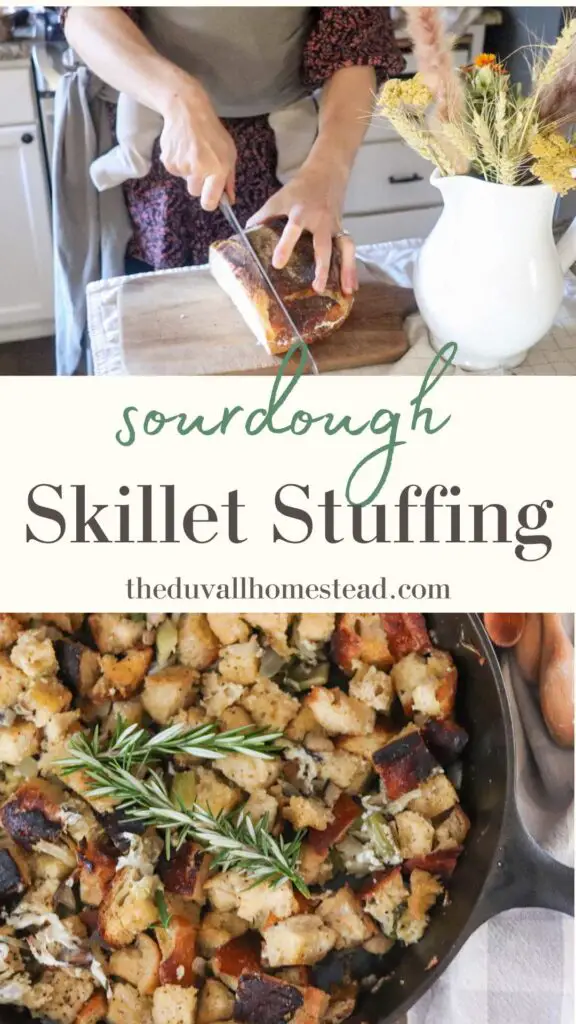 This cast iron sourdough skillet stuffing is crispy on top with juicy flavors of butter, herbs, mushrooms, celery, onion and garlic inside.