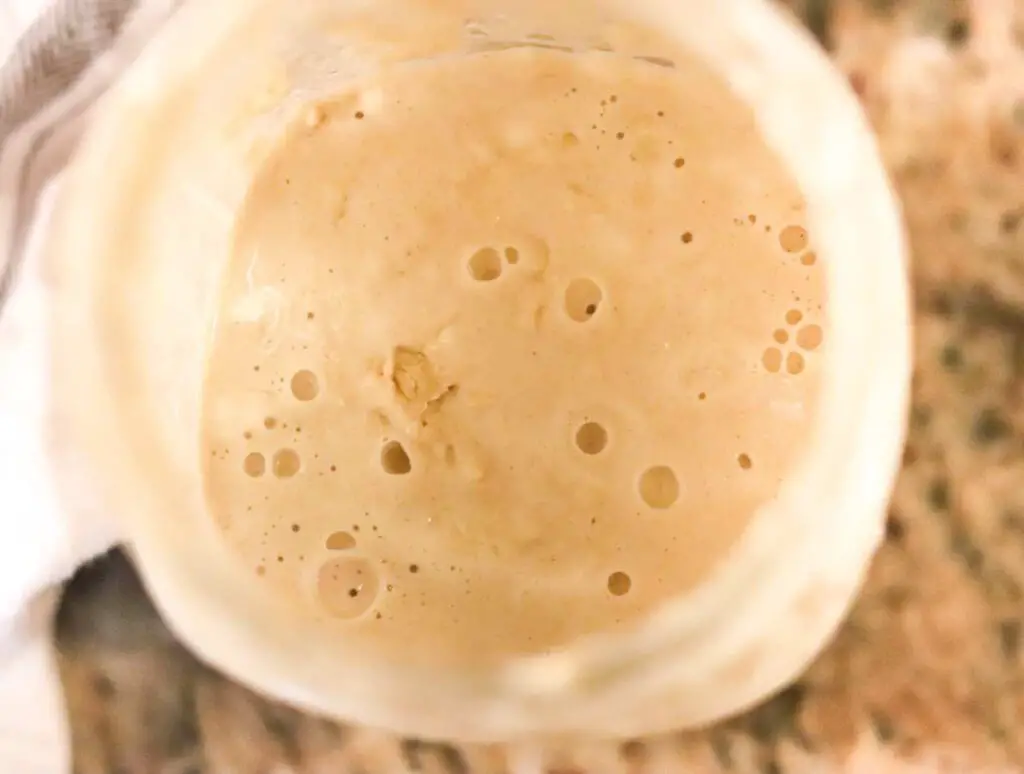 day 4 of making sourdough starter. The starter has several bubbles.