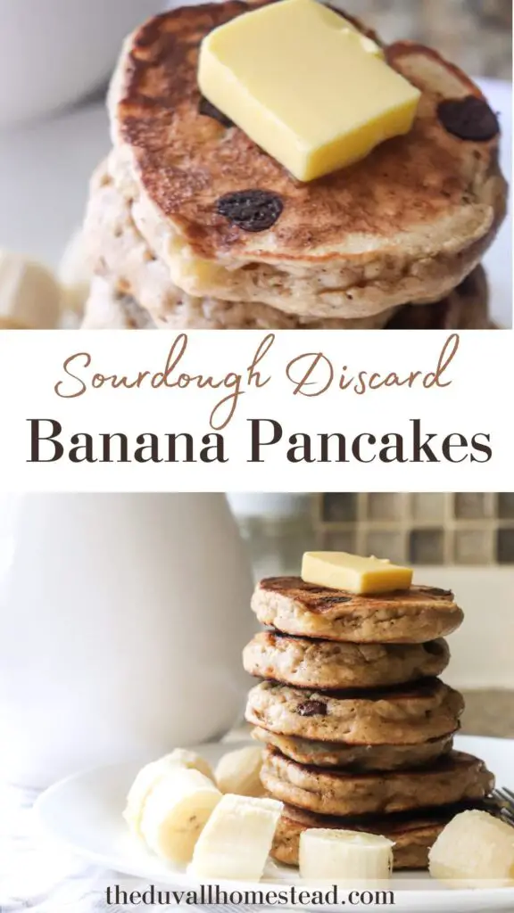These banana pancakes are perfect for using up overripe bananas and sourdough discard in a delicious way! Made with einkorn flour and naturally sweetened, these are a nutritious and tasty breakfast.