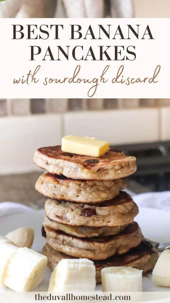 These sourdough discard banana pancakes are chewy, soft, and delicious! Make them with chocolate chips for a delicious breakfast that uses up overripe bananas and sourdough discard.
