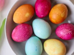 Close-up of colorful naturally dyed Easter eggs in a bowl