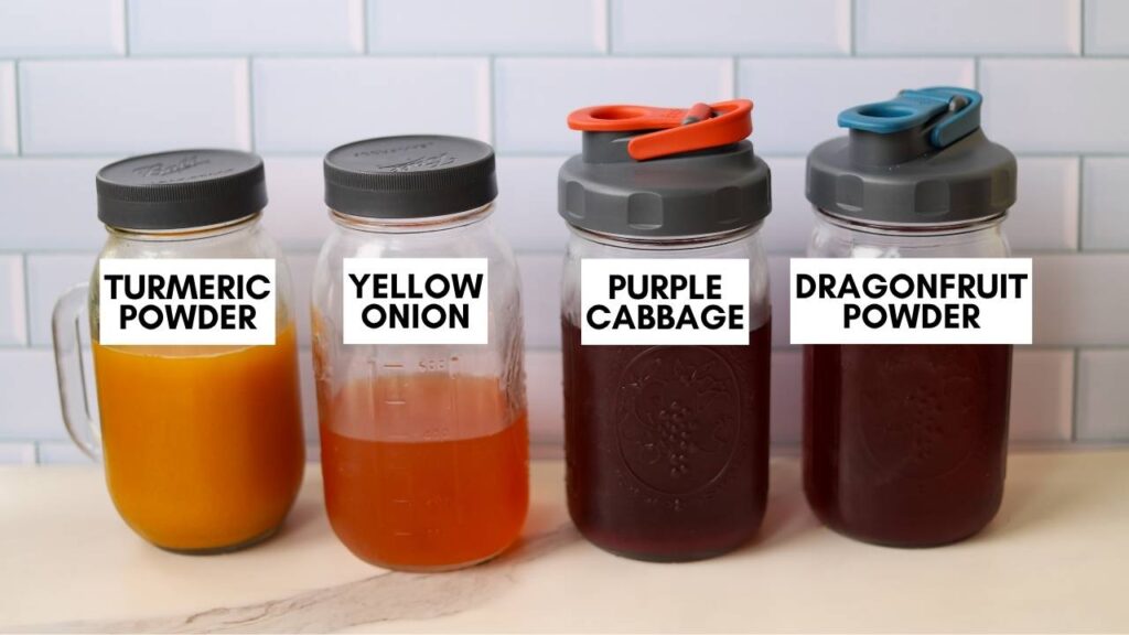 Jars of natural Easter egg dye labeled with ingredients