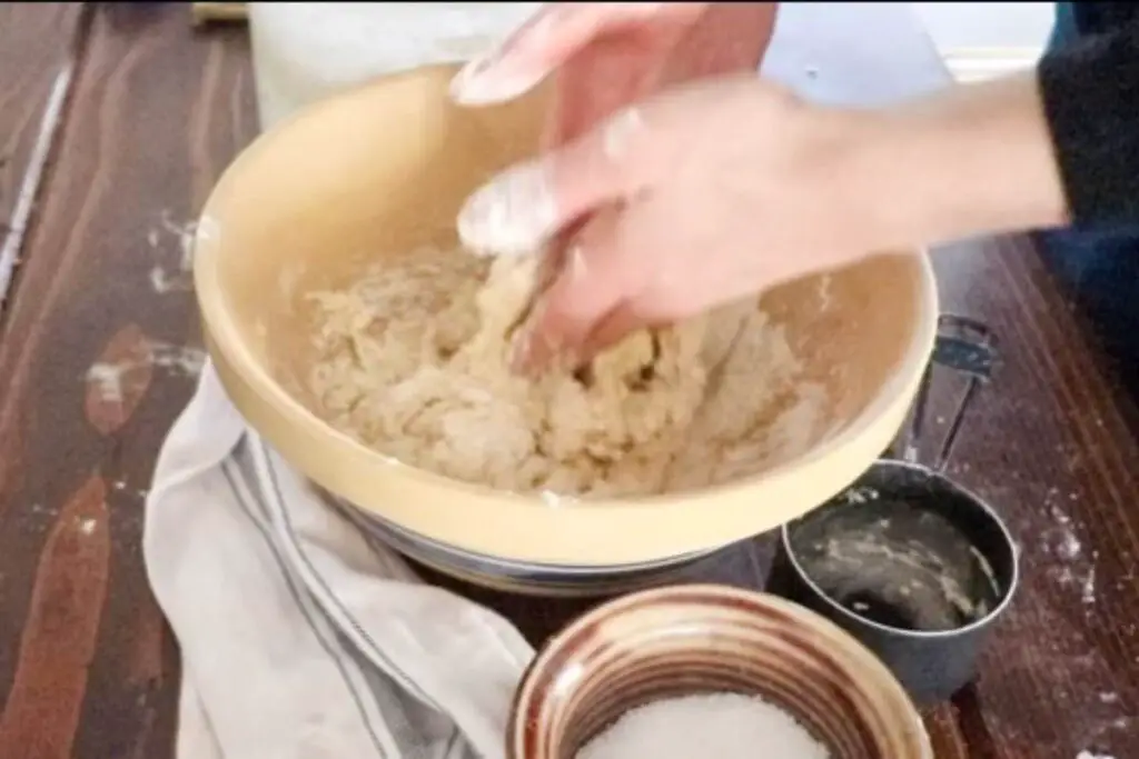 mixing einkorn sourdough discard tortilla dough