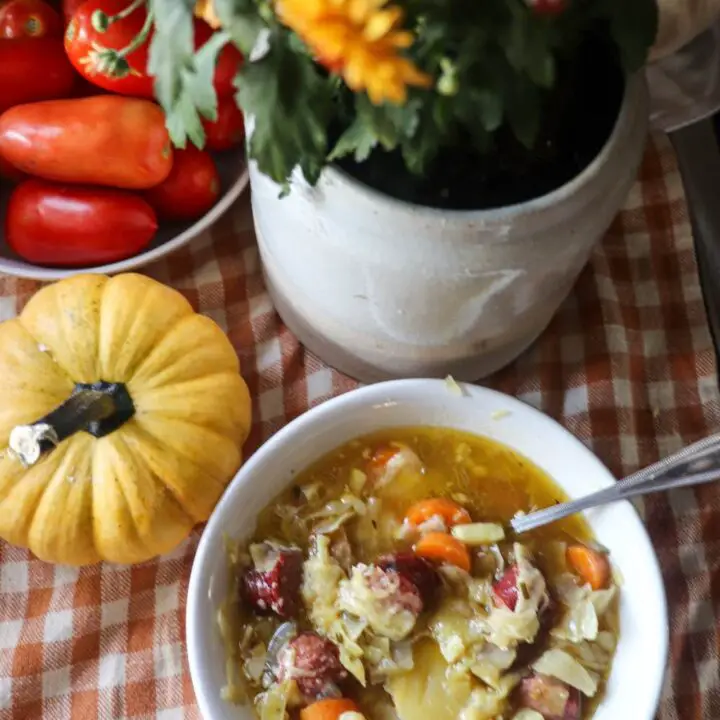 A bowl of bratwurst soup with a pumpkin, bowl of tomatoes, and fresh flowers.