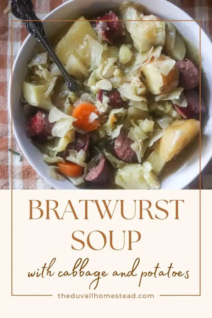 Fall is in the air and the season of cozy soup recipes is here. This bratwurst soup is the perfect lunch or dinner staple that will last long into winter season. With cabbage, potatoes, brats, and bone broth, this fall soup recipe is both easy and comforting. 