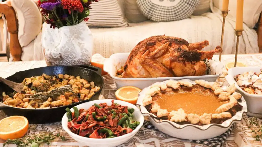 A Thanksgiving dinner table filled with from-scratch dishes.