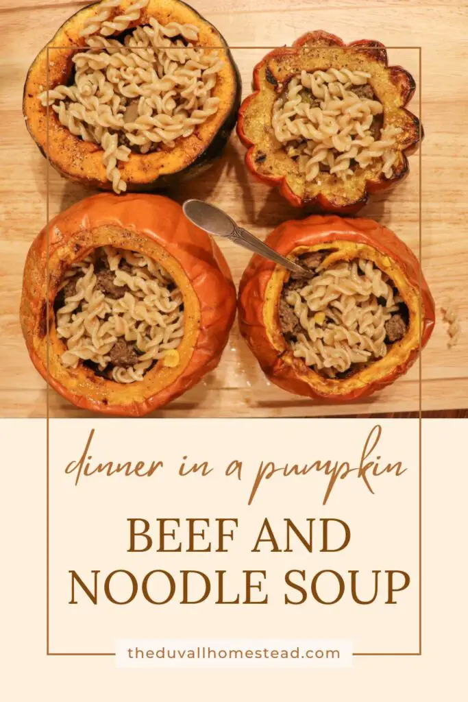 Dinner in a pumpkin with ground beef pasta soup is a beautiful and delicious fall plate.  With carrots, celery, corn, and spices, this soup combines the flavors of fall with the savory flavor of fresh pumpkin. 