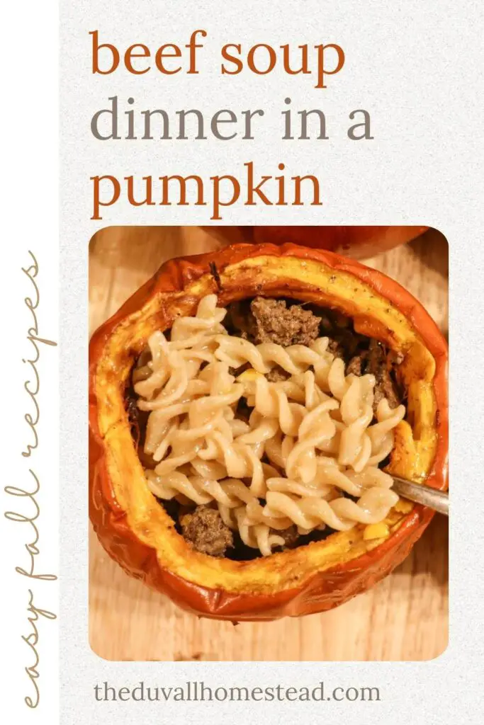 Dinner in a pumpkin with ground beef pasta soup is a beautiful and delicious fall plate.  With carrots, celery, corn, and spices, this soup combines the flavors of fall with the savory flavor of fresh pumpkin. 

