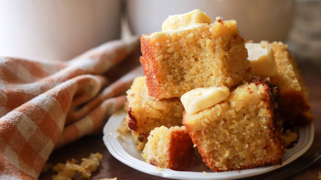 A plate of cornbread square with a pad of butter on each.