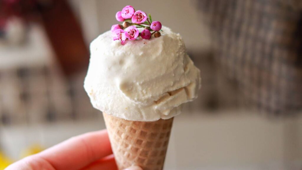 Holding an ice cream cone with vanilla ice cream and pink flowers.