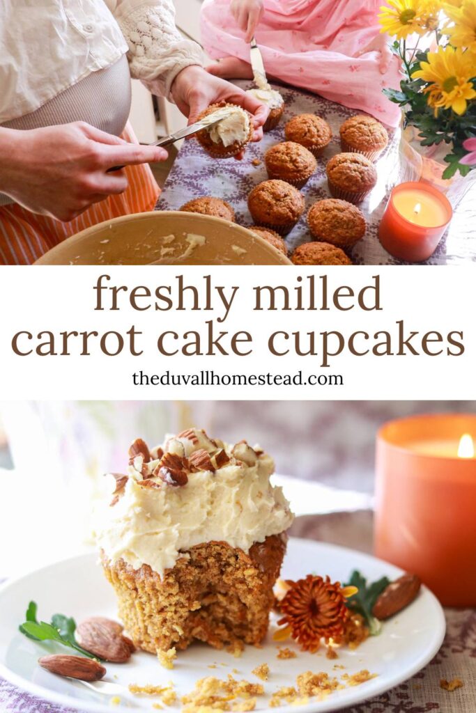 These freshly milled carrot cake cupcakes are made with whole grain flour, giving them a rich, nutty flavor and tender crumb. Packed with grated carrots, warm spices, and a hint of vanilla, they’re naturally sweet and full of nutrients. Top them with tangy homemade cream cheese frosting for the perfect healthy-ish dessert recipe.