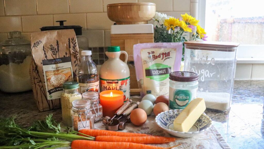 ingredients sitting on the kitchen counter for homemade carrot cake cupcakes